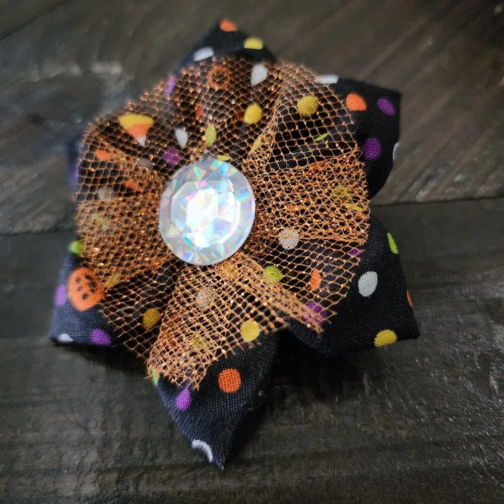 NWOT Hand Crafted Halloween Polka Dots Pumpkins Flower Pet Bow Small Dog or Cat